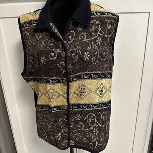Dress Barn Women's Vest Size 14-16 Beaded Floral Corduroy Texture Black Gold